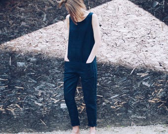 Linen Jumpsuit - Linen Overall - Navy Blue Linen Overall - Women Overall - Handmade by OFFON
