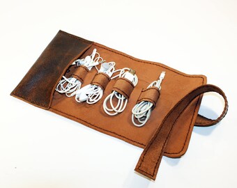 Leather Cord Wrap with Pocket, Leather Cable Organizer, Cord Roll, Cord Organizer, Handmade Roll Up Case.