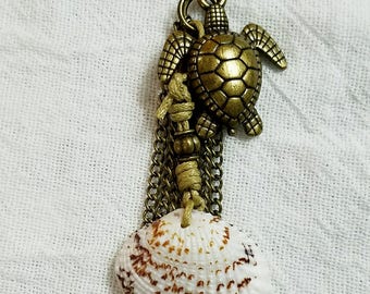 Turtle and shell necklace antique bronze metal w/ fisherman's knot embellishment