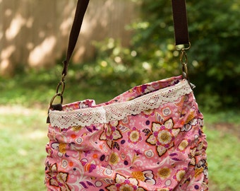 Pink Ruched Hobo Bag. Detachable, Adjustable Strap. Cotton and Lace. Abstract Floral. Hippie Bag. Washable Purse. Medium Sized. Summer Bag.