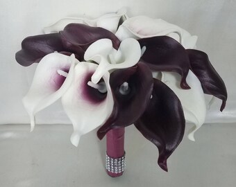Burgundy Ivory White Calla Lily Bridal Wedding Bouquet & Boutonniere