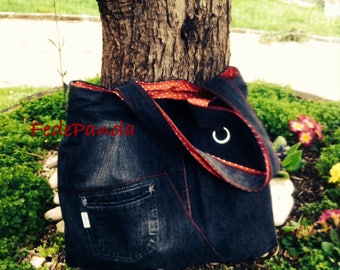 Shopper bag, denim, and cotton polka dots, double sided