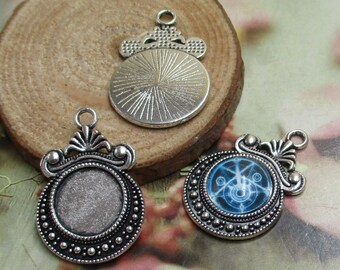 10pcs 12mm Round Cameo Cabochon Base Setting, Antique Silver Tone ,--b2115-B