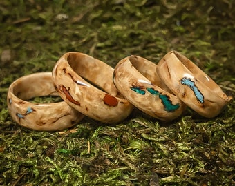 Masur Birch Bent Wood Ring with Turquoise, Bent Wood Ring, Wood Ring, Men's or Woman's Ring, Jasper, Malachite, custom ring, turquoise