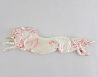 Ceramic Pink Mother of Pearl Unicorn Incense Holder with Real Gold Horn, hand painted - 12 inches long