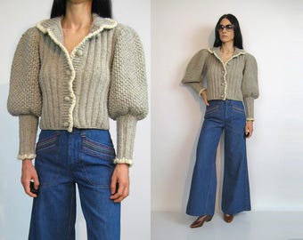 70s Chunky Wool Mutton Leg Cardigan / Rare 1970s Gray Leg of Mutton Cardigan Sweater / Oatmeal Grey Puffed Sleeve Cardi /Wool Sweater Jacket