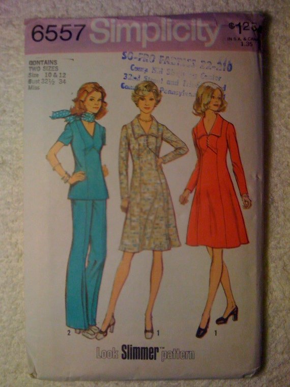 Misses and Womans Dress or Top and Pants a Look Slimmer Pattern Simplicity Sewing Pattern 6557 70s Size 10-12
