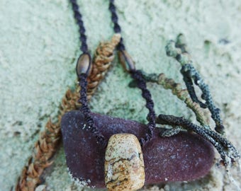 Macrame hemp necklace with Picture Jasper