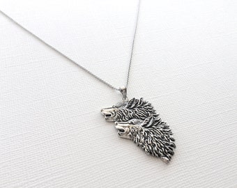 Howling Two Wolves Necklace in Sterling Silver, Animal Jewelry, Wolf Jewelry