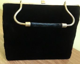 1950s Bobbie Jerome Black Velvet Brass Handle Handbag Bobbie Jerome Velvet Evening Bag Brass Handle