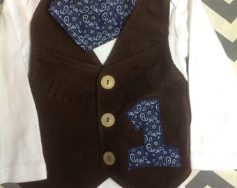 Brown Long Sleeve Cowboy or Cowgirl with Number "One" on Vest Fringe Vest Bodysuit, fast shipping