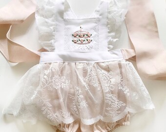 Hand embroidery birthday cake skirted romper
