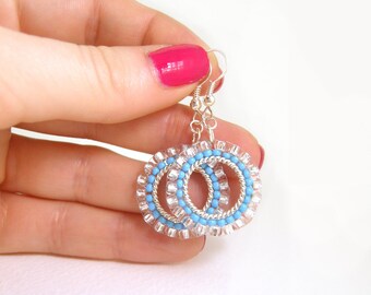 Small Beaded Hoop Earrings: Blue Seed Bead Dangly Earrings, Seed Bead Earrings