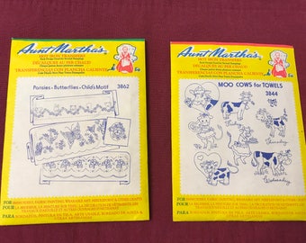 Aunt Martha's Hot Iron Transfers - Pansies, Butterflies, Child's Motif and Moo Cows for Towels