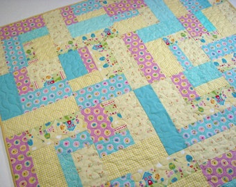Pastel Baby Quilt, Spring Easter Quilted Throw, Yellow Blue Pink Scrappy Lap Quilt, 40" x 50", Quiltsy Handmade