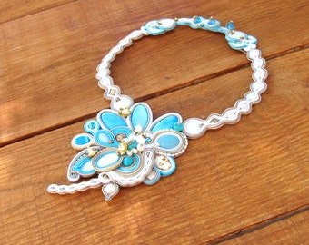 Turquoise Bridal Necklace, Handmade Soutache Necklace Choker, Beige Gold and Turquoise, Bridal Jewelry, Soutache Jewelry