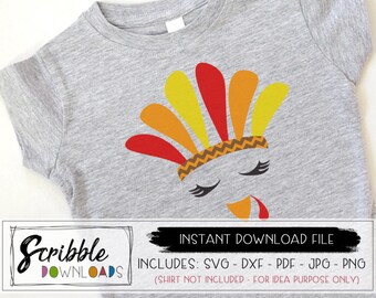 turkey face SVG - thanksgiving instant download - girl turkey svg - printable PDF - cricut - iron on - Silhouette - cut file PDF girly cute