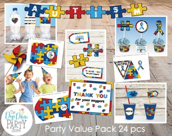 Autism Fundraising Party Printables Value Pack, 24 pcs - with Editable Invitation - Instant Download - Autism Awareness Charity Fundraise