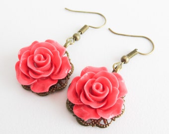 Rose red flower earrings, romantic jewelry, dangle and drop, vintage style earrings, floral jewelry, gift for her, girlfriend gift