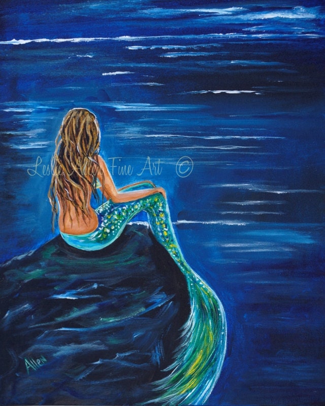 Mermaid ART PRINT GICLEE Mermaids Blonde Girl Room Decor Beach