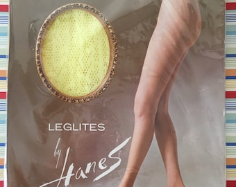 Leglites by Hanes Funny Lace patterned stockings nylons soft yellow colored new old stock new in package 1970's all nylon petite medium