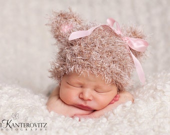 Adorable Newborn Fuzzy Baby Hat - Baby Bear Hat Soft Tan with Pink or Blue Ears with Ribbon Accent