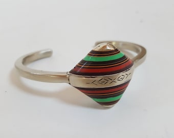 vintage Amazigh Berber Silver Bracelet with Ebony, Red Coral & Green Agate, from Morocco