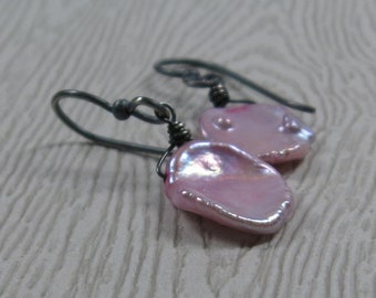 Pink Keshi Pearl Earrings Minimalist Oxidized Sterling Silver Petal Pearl Earrings