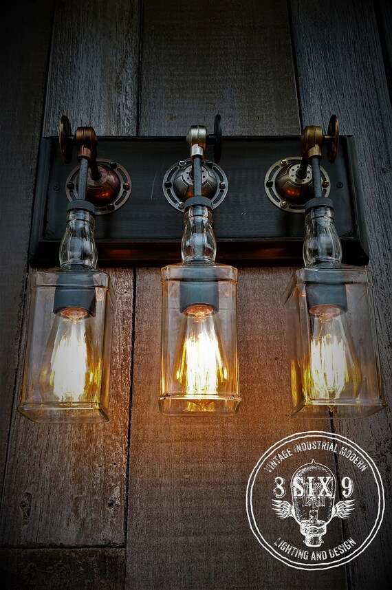Steampunk Triple Upcycled Whiskey Bottle Wall Sconce
