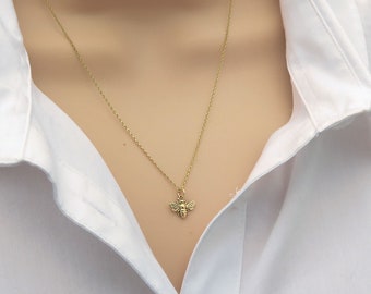 Solid Gold Bumble Bee Necklace, Tiny Bee Charm Necklace For Women, Solid Gold Jewellery For Her, Simple Necklaces For Everyday Wear