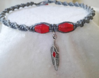 Feather Charm Hemp Anklet - Hemp Ankle Bracelet - Natural Bohemian Jewelry