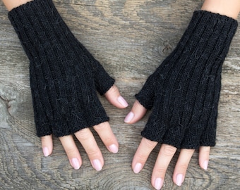 Black fingerless gloves fingerless black gloves women gloves black knit gloves short black gloves half finger gloves alpaca wool pure alpaca