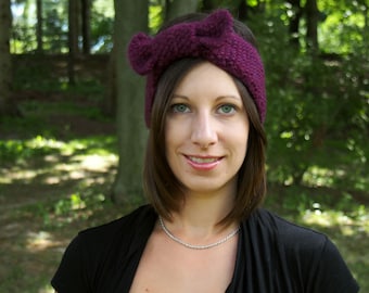Purple Knit Headband with Bow - Handknit Tunisian Earwarmers - Knitted Purple Head Band - Winter Hair Accessory - Boho Vegan Headband