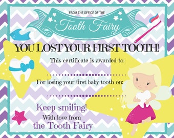 Tooth Fairy Certificate for losing first baby tooth