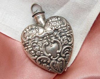 Victorian Repousse Heart Shaped Sterling Silver Perfume Bottle Pendant