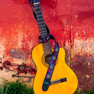 Guatemalan embroidered, leather guitar strap, gift guitarist, woven guitar strap, gift for him her- Turquoise/Magenta TUG3