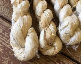 White Recycled Sari Silk Ribbon Yarn, 3.5 oz / 100 grams, 50 yards, Upcycled, Bulky, Off-White, Cream, Taupe, Sand, Knit, Crochet, Craft