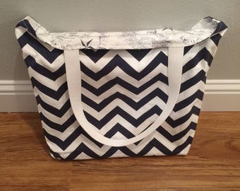 Chevron and Nautical Map Lined Beach Bag