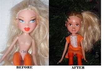 Bare Faced Dolls #130 Blonde hair, brown eyes Pictured In Tree - Ooak - Repainted- Bratz Makeunder- Changed doll.