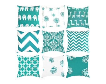 Turquoise Throw Pillow Cover.Dandelion Pillow.Damask Pillow.Turquoise Green Cushion.Coral Decorative Pillow.Turquoise Euro Sham