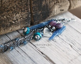Long Chain and Gemstone Earrings Heart Charm Dangling Sterling Silver Gemstones Letemendia Jewelry Handmade Boho