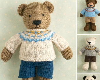 Toy knitting pattern for a boy bear with a Fair Isle sweater and shorts