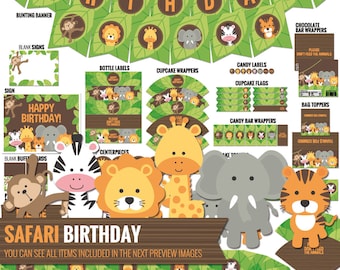 Safari Birthday Decorations Package. Printable Jungle Theme Kids Birthday Party Decor. Funny Gender Neutral First Birthday. Digital Download