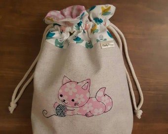 Kitten medium knitting project bag, cat drawstring bag, cat crochet project bag, sock project drawstring pouch, cat knitting bag