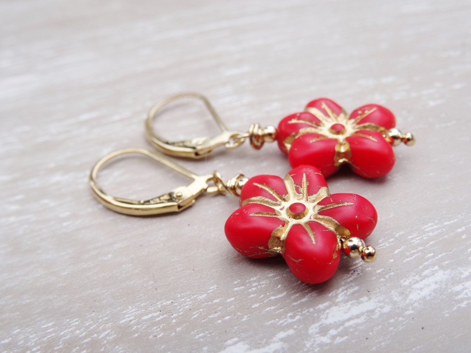 Red Earrings Daisy Earrings Flower Earrings Goldfill