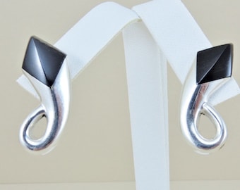 Sterling Silver And Black Onyx Earrings 1 1/4"