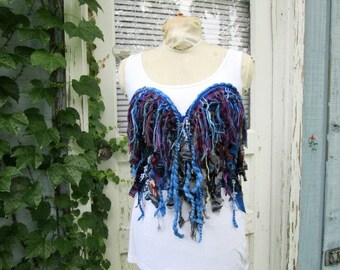 Medium Sapphire Blue OOAK Wearable Fringe Fiber Art Bustier Corset// Raw Tattered// Upcycled// emmevielle
