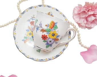 Colourful Floral Melba Teacup, Hand Painted, Made in England, Bone China Tea Cup