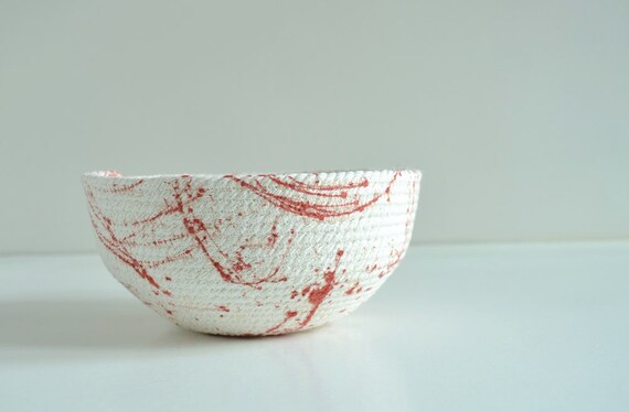 Coffee table basket, Red and white decor Rope basket, Paint splatter Gifts housewarming, Living room decor Mediterranean style, Gift for her