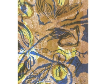 Wood Block Print - Botanical Seven OOAK by Marti Schmidt 12x15 - Fine Art, Floral, Coastal, Tropical
